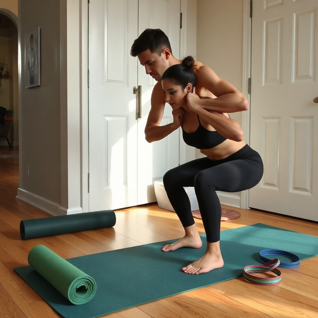 Person doing bodyweight squats at home with fitness equipment