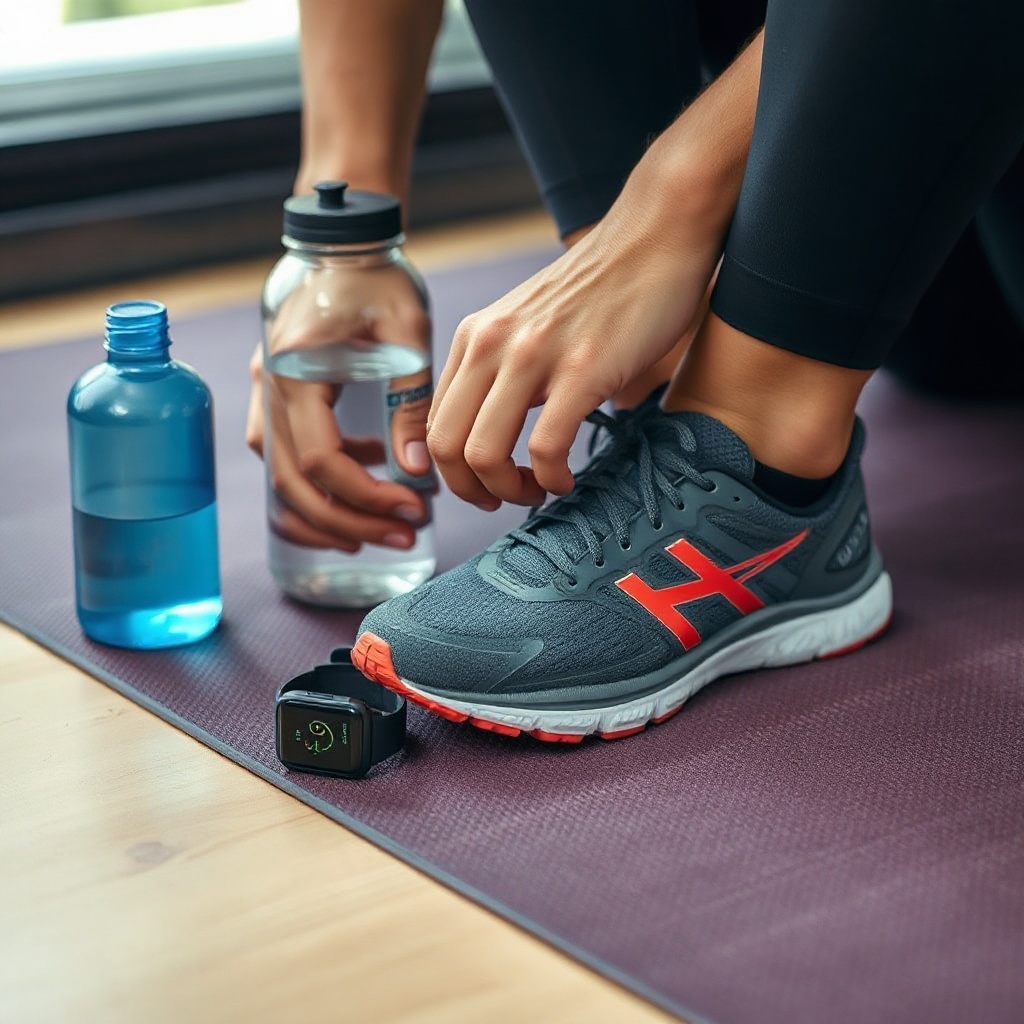 Person tying running shoes with water bottle and smartwatch