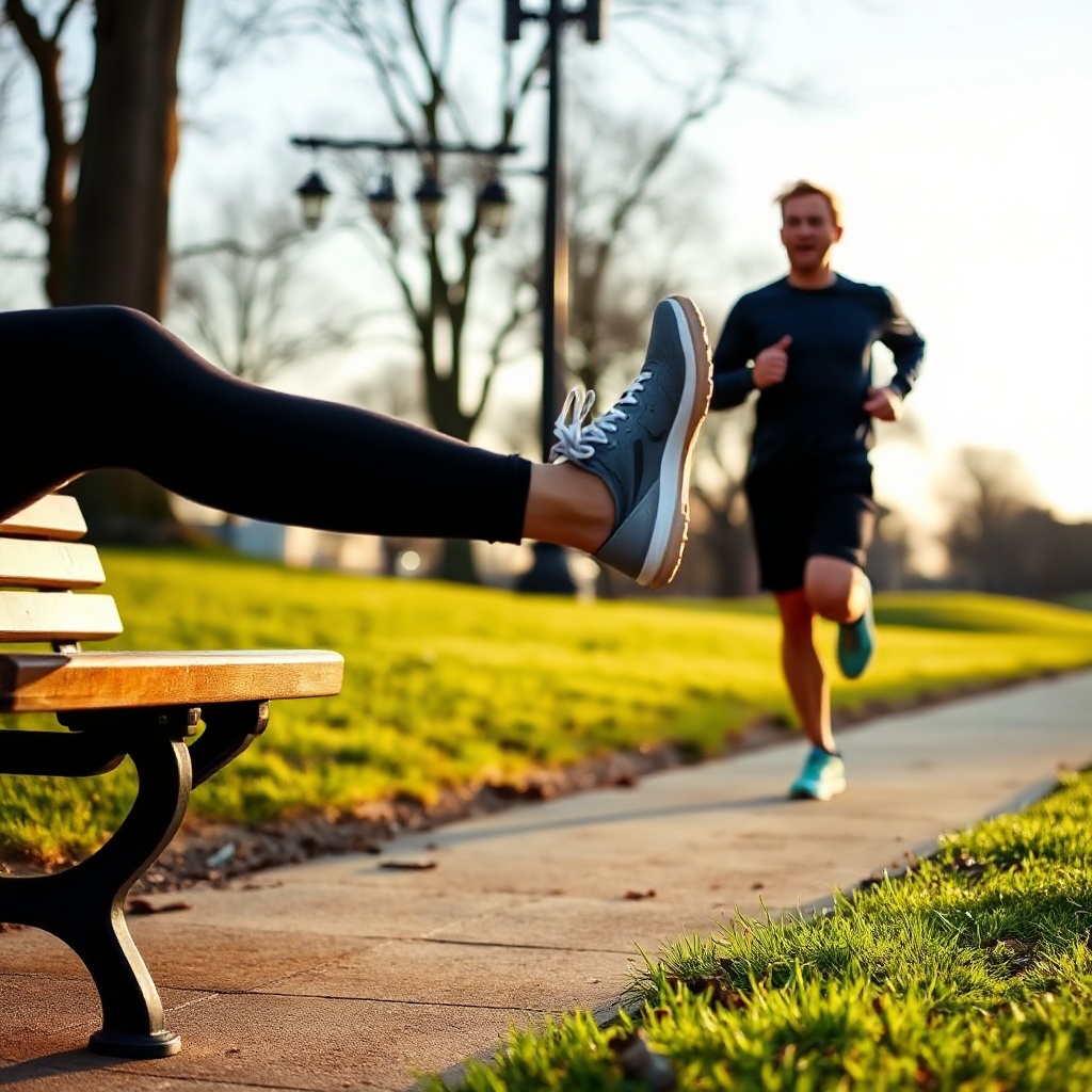 Person stretching calf against a park bench before running