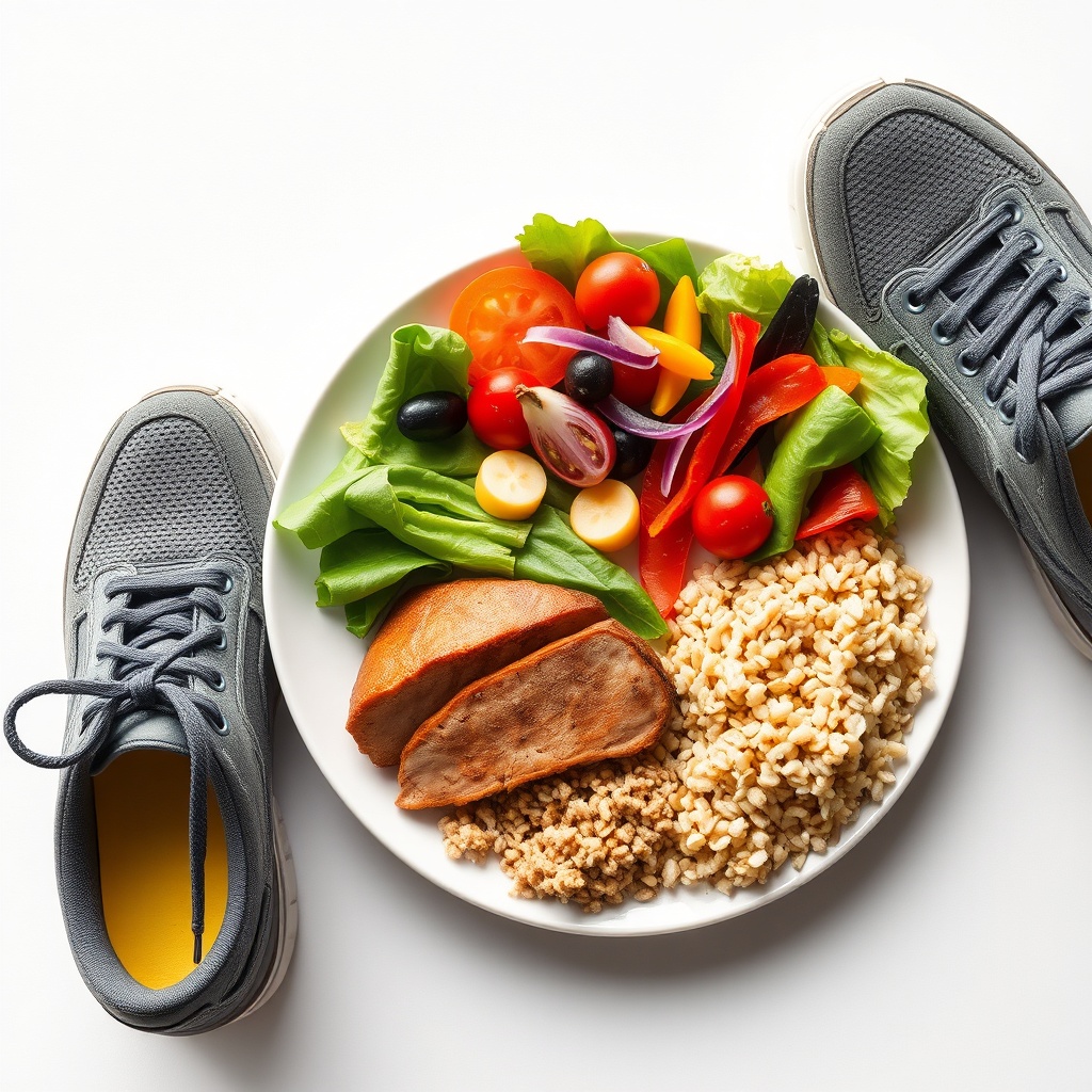 Healthy balanced meal next to sneakers