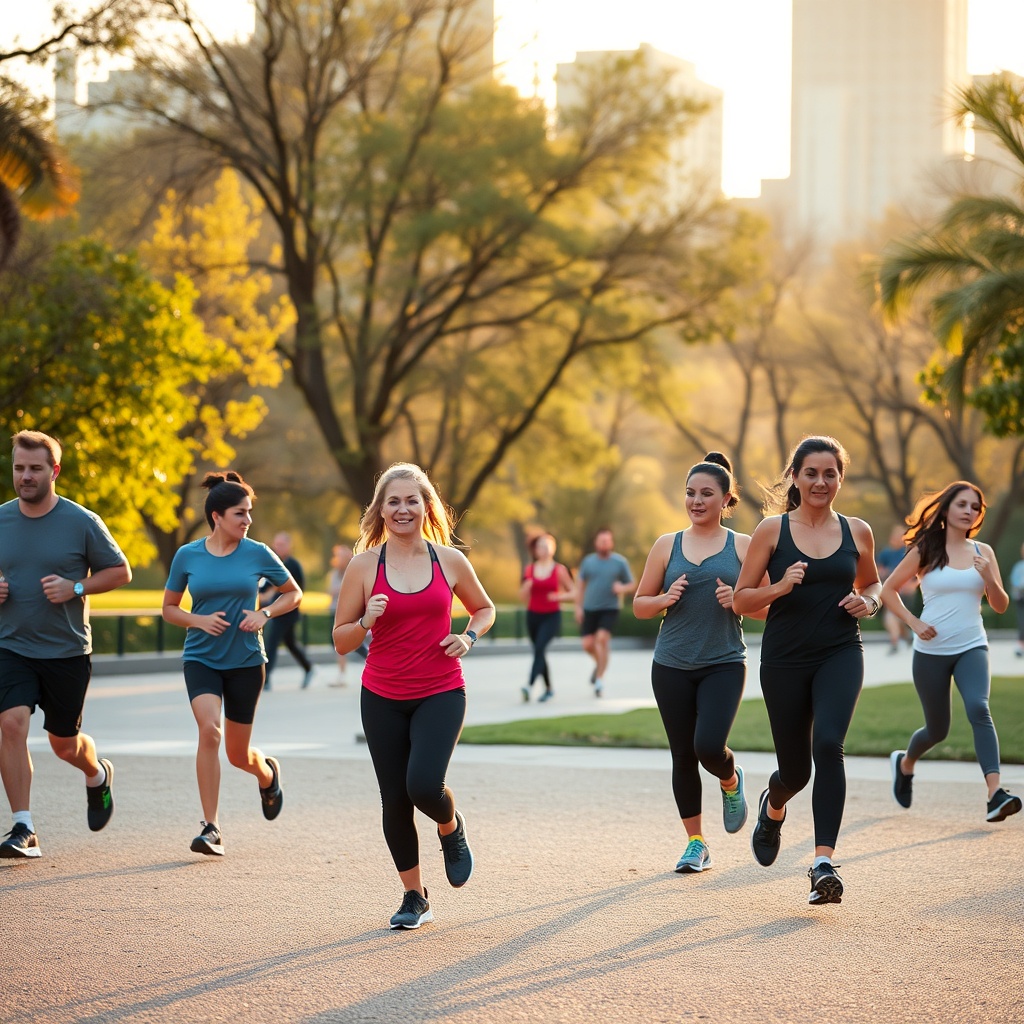 Diverse group exercising in a city park at sunrise