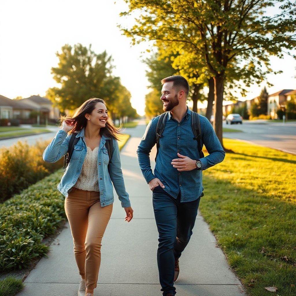 Two people walking briskly on a suburban path