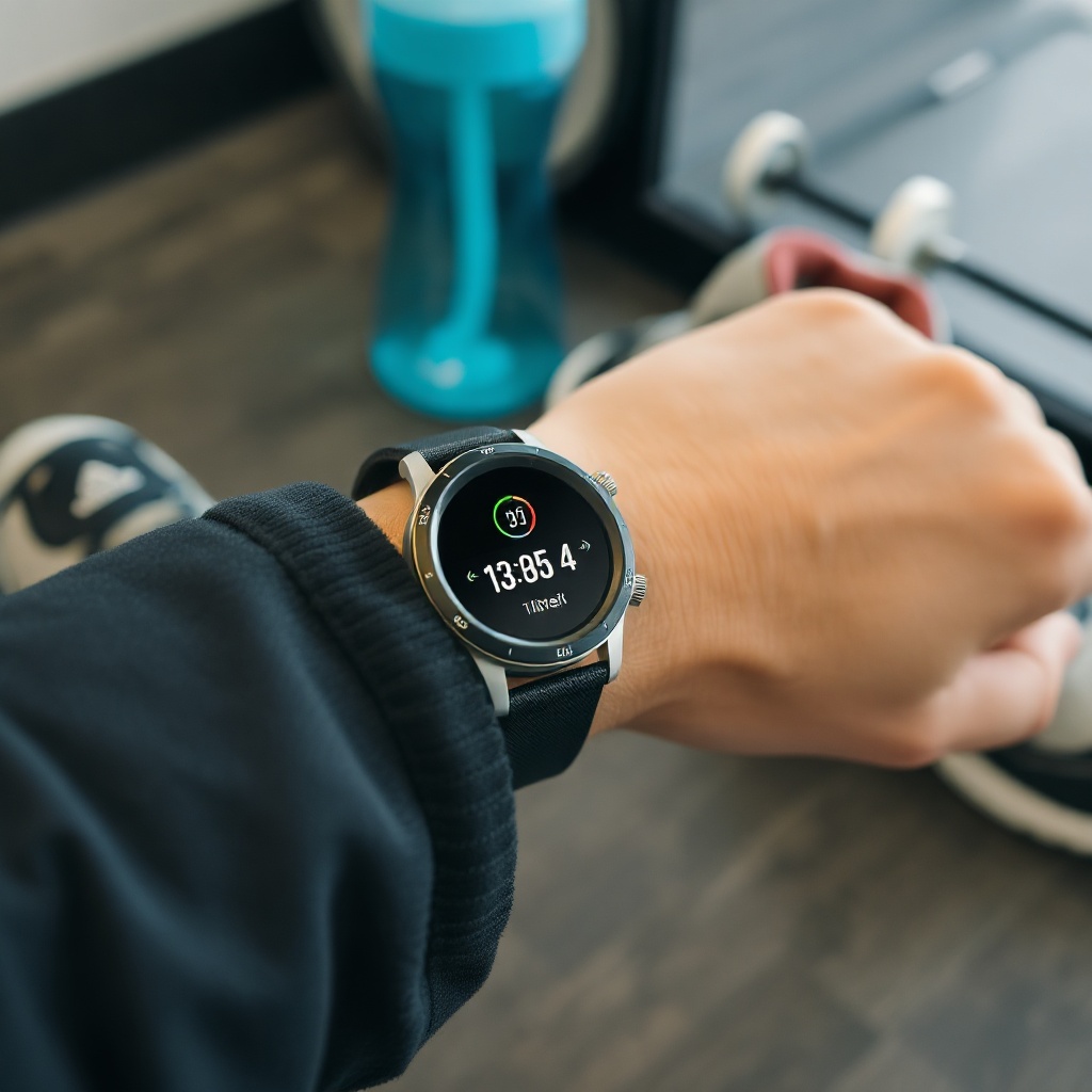 Smartwatch showing workout data beside running shoes