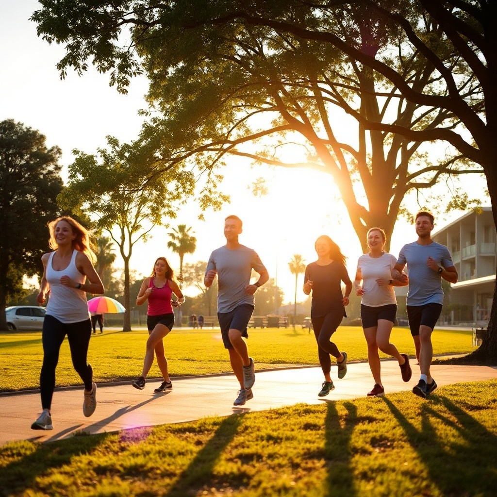 Group jogging and stretching in a park at sunrise