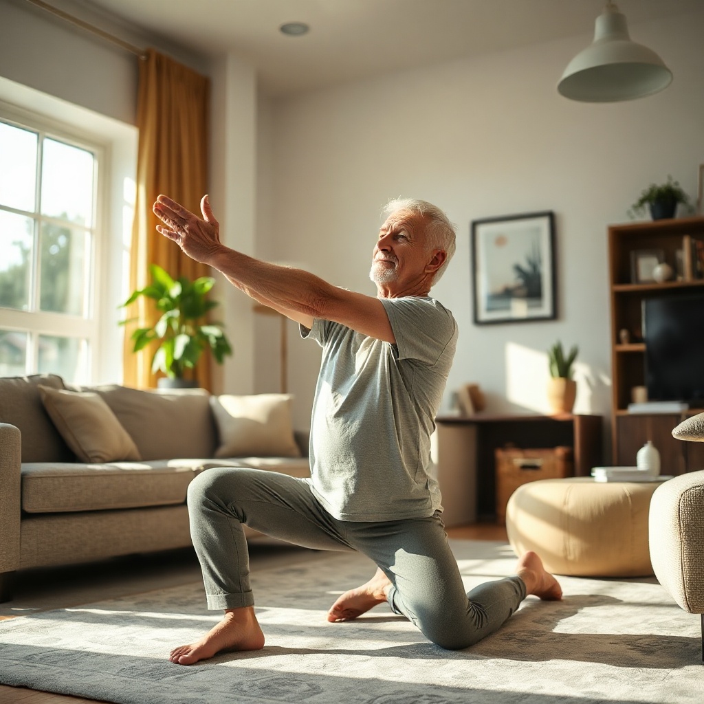 James Ortega, 68, stretching at home